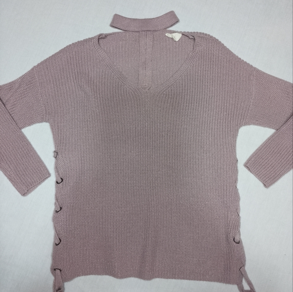 Love V Neck With Choker Lace Up Sides Zipper Back Knit Sweater Lavender